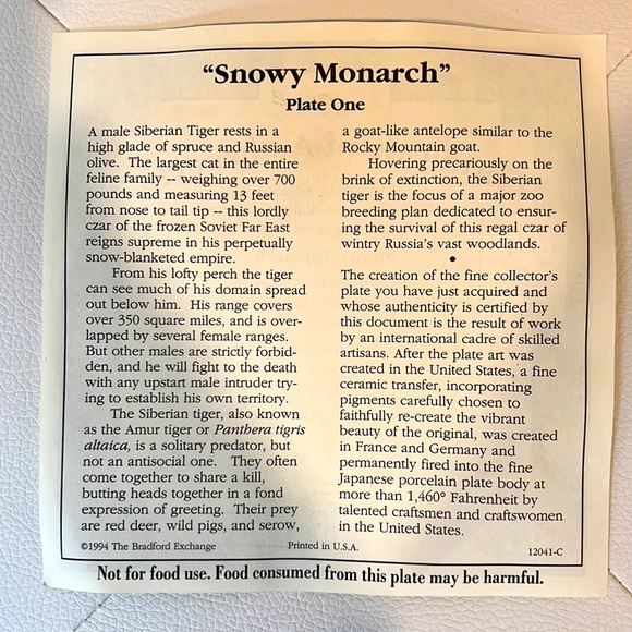 BRADFORD EXCHANGE. Snowy Monarch. PORTRAITS of MAJESTY. By Dominique Braud. - Picture 5 of 8